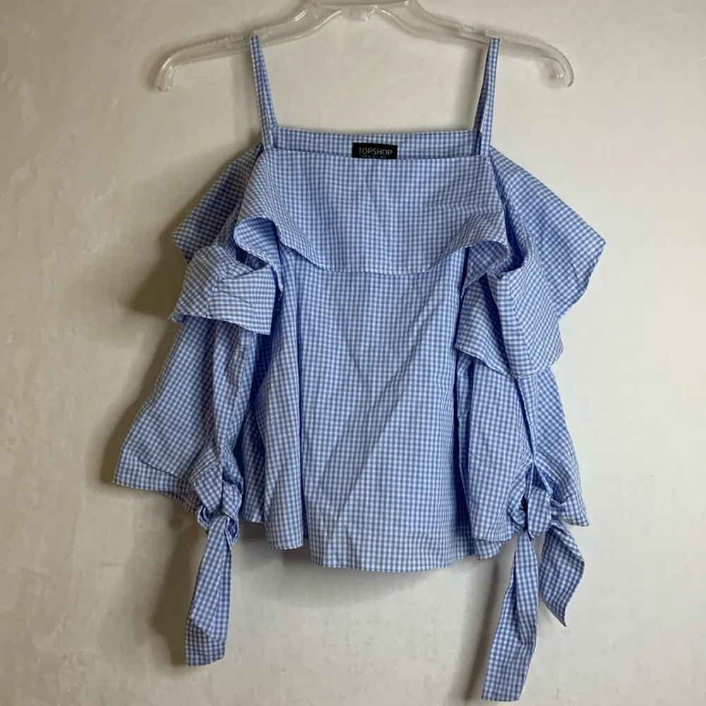 Topshop blue gingham plaid cold shoulder blouse top shirt size 6